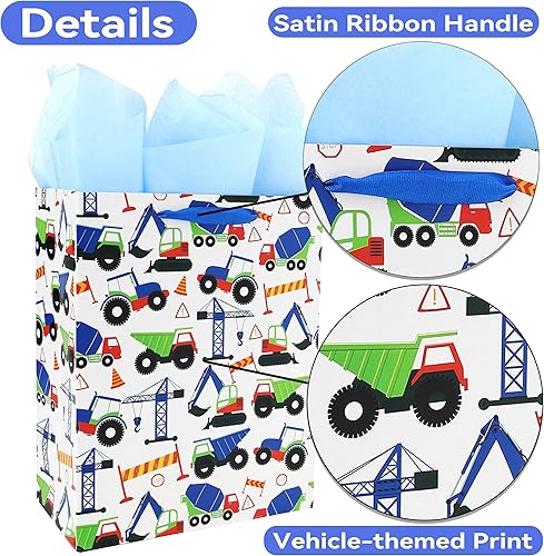 Miniatura 4 de Juego de bolsas de regalo con temática de vehículo grande de 13 pulgadas con tarjeta de felicitación y papel de seda (diseño de auto azul) para