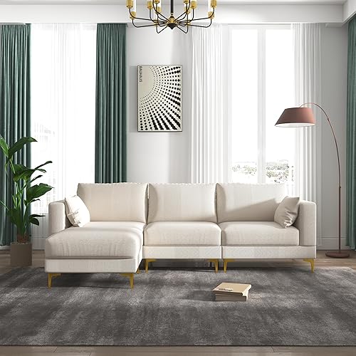 LUSPAZ Modern Furniture L-Shape Sectional Sofa Set, Leisure 3 Seater Couch with Convertible Ottoman for Living Room,Beige