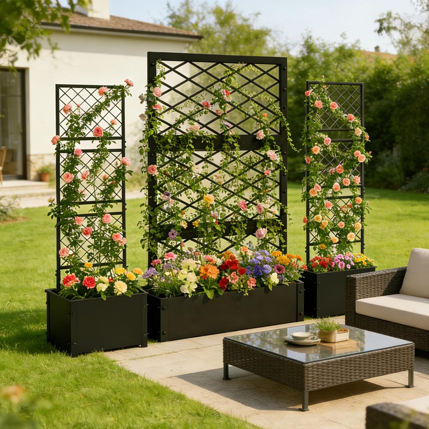 aboxoo 52 inch Planter Raised Garden Bed with Trellis Outdoor Metal Small Planter Box Elevated Garden Bed for Vegetables Flower Herb Patio(Black)