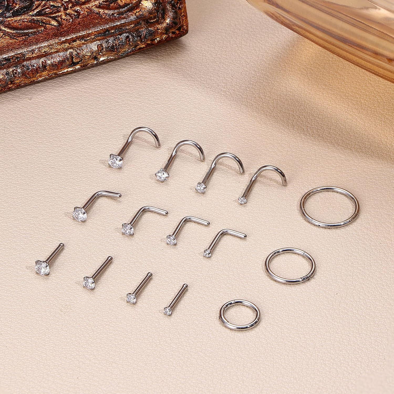 ORAZIO Nose Rings for Women - 14K Gold Filled Hypoallergenic Surgical Steel Nose Ring Hoops 18G/20G Small Cute CZ Straight Screw L Shaped Nose Studs Piercings Jewelry for Women Men 15Pcs - Image 6