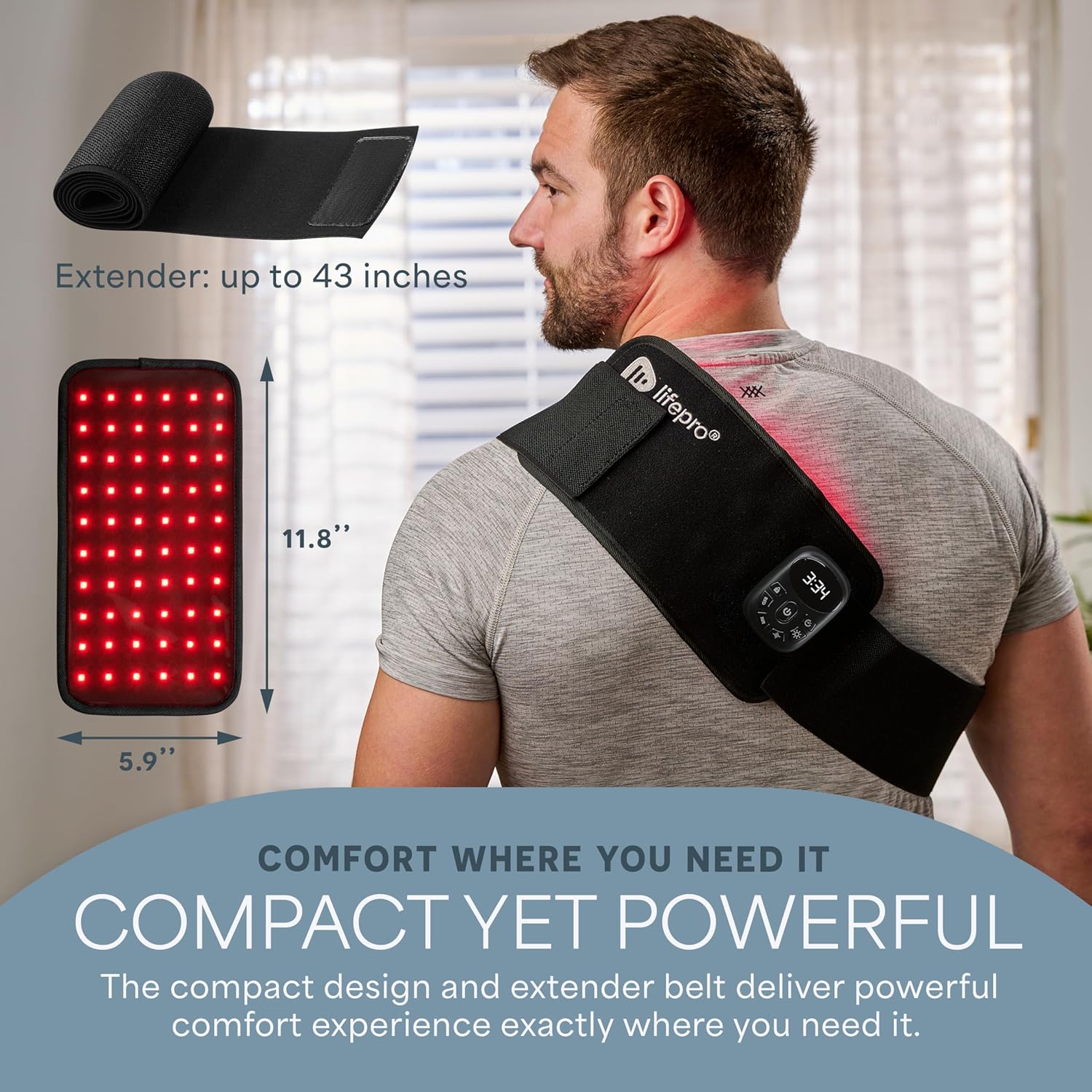 Man using Lifepro Allevared Pro Micro Red Light Therapy Belt on his shoulder, with product dimensions shown