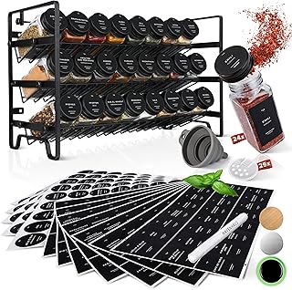 Havenhaus Spice Rack Set Black | Standing or Wall Mounted | 24 Spice Jars + 336 Spice Labels German & Accessories | Modern Design | Food Safe & Dishwasher Safe