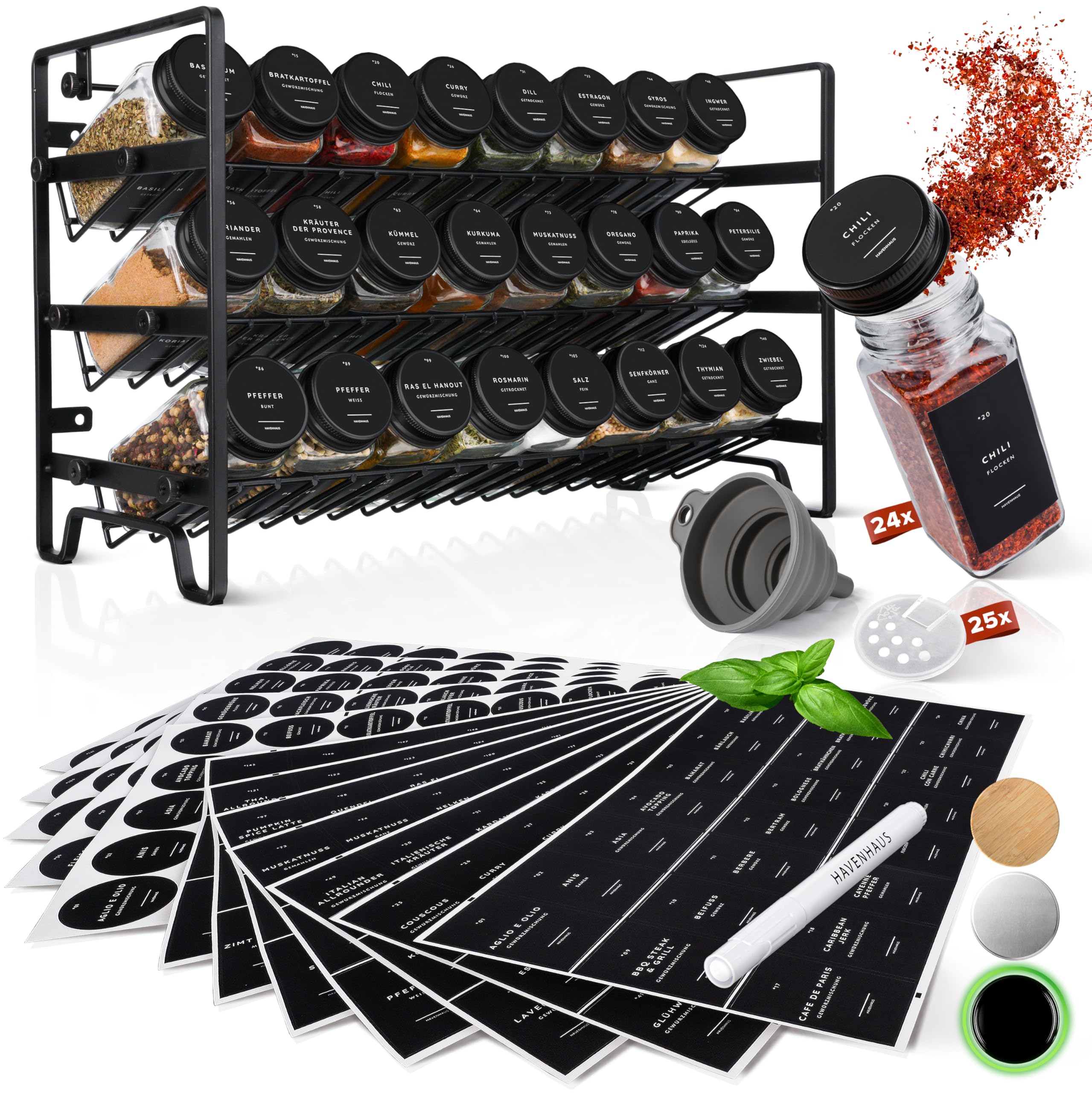 Havenhaus Gewürzregal Set | Stehend oder Wandmontage | 24 Gewürzgläser eckig [120ml] + 336 Gewürzetiketten deutsch & Accessoires | Gewürzstreuer Modernes Design | Gewürzbehälter, Gewürz Organizer