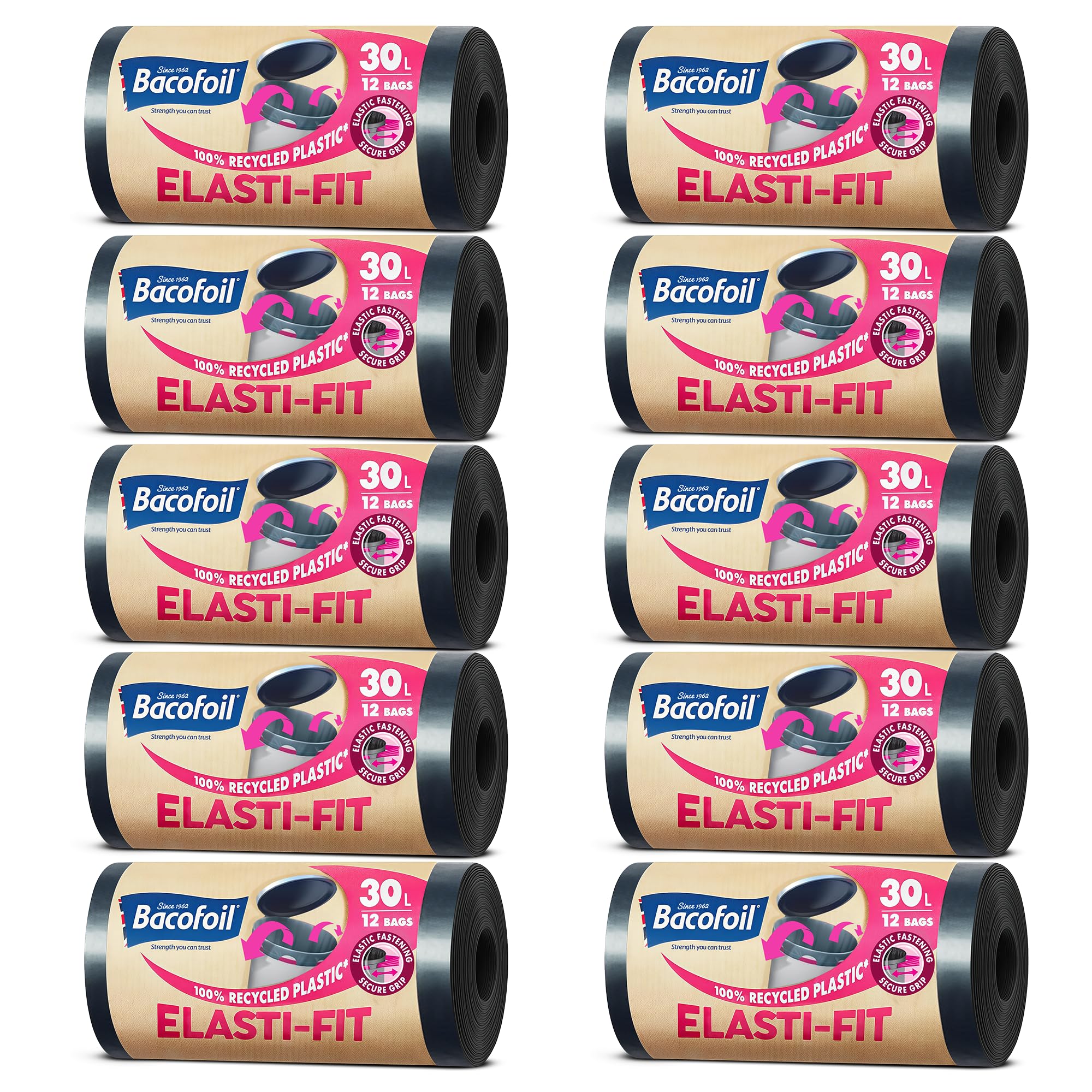 Bacofoil Elasti-Fit Bin Liners with Drawstring Handles 30L - Leak-Proof Bin Bag with Elastic Fastening for a Secure Fit (10 Rolls, 120 Bags)…