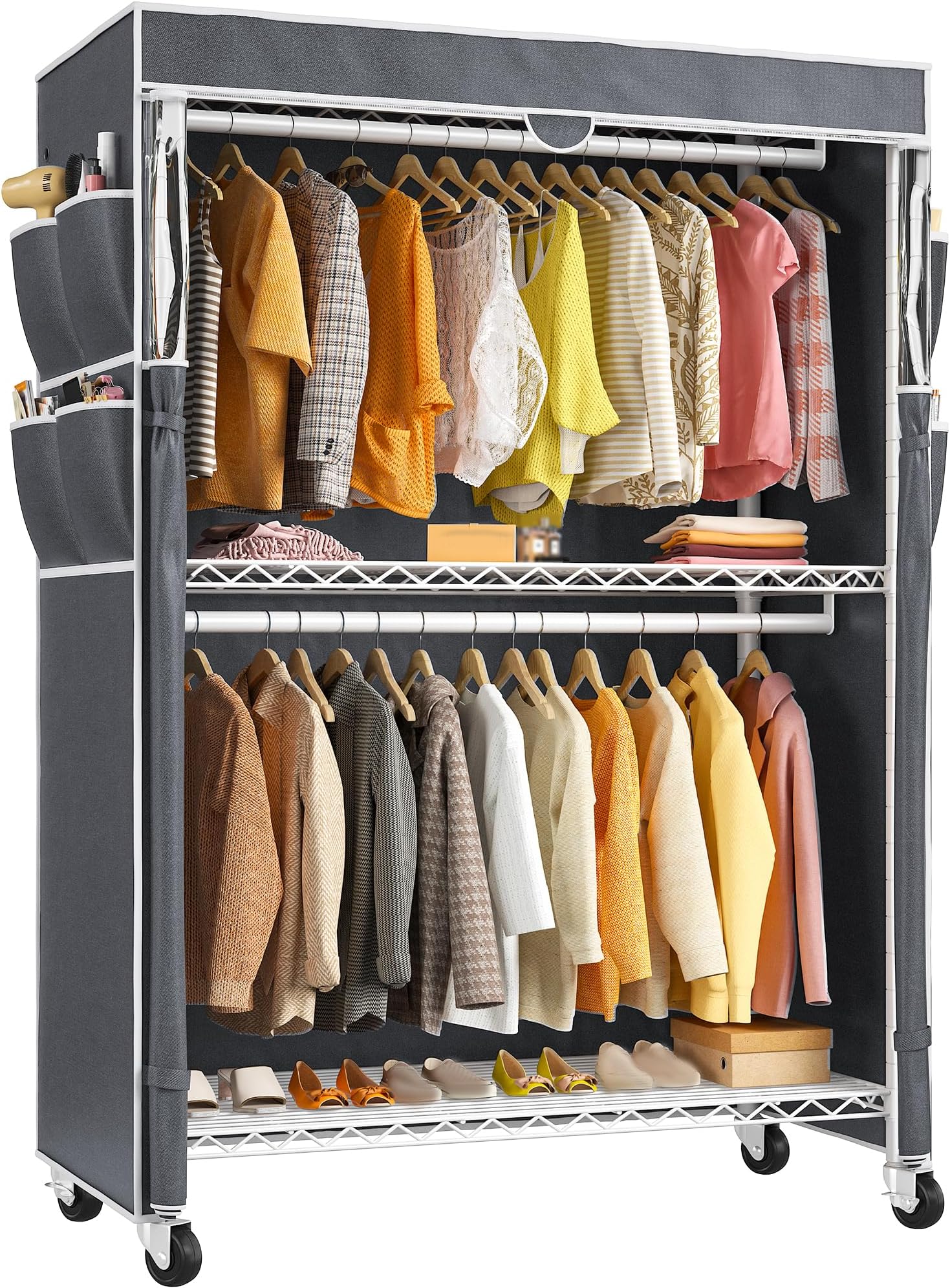 RaybeeHeavy Duty Clothes Rack with Cover, 81" H Clothing Racks for Hanging Clothes, Portable Closet with Wheels and Adjustable Feet, Max Load 500LBS, White