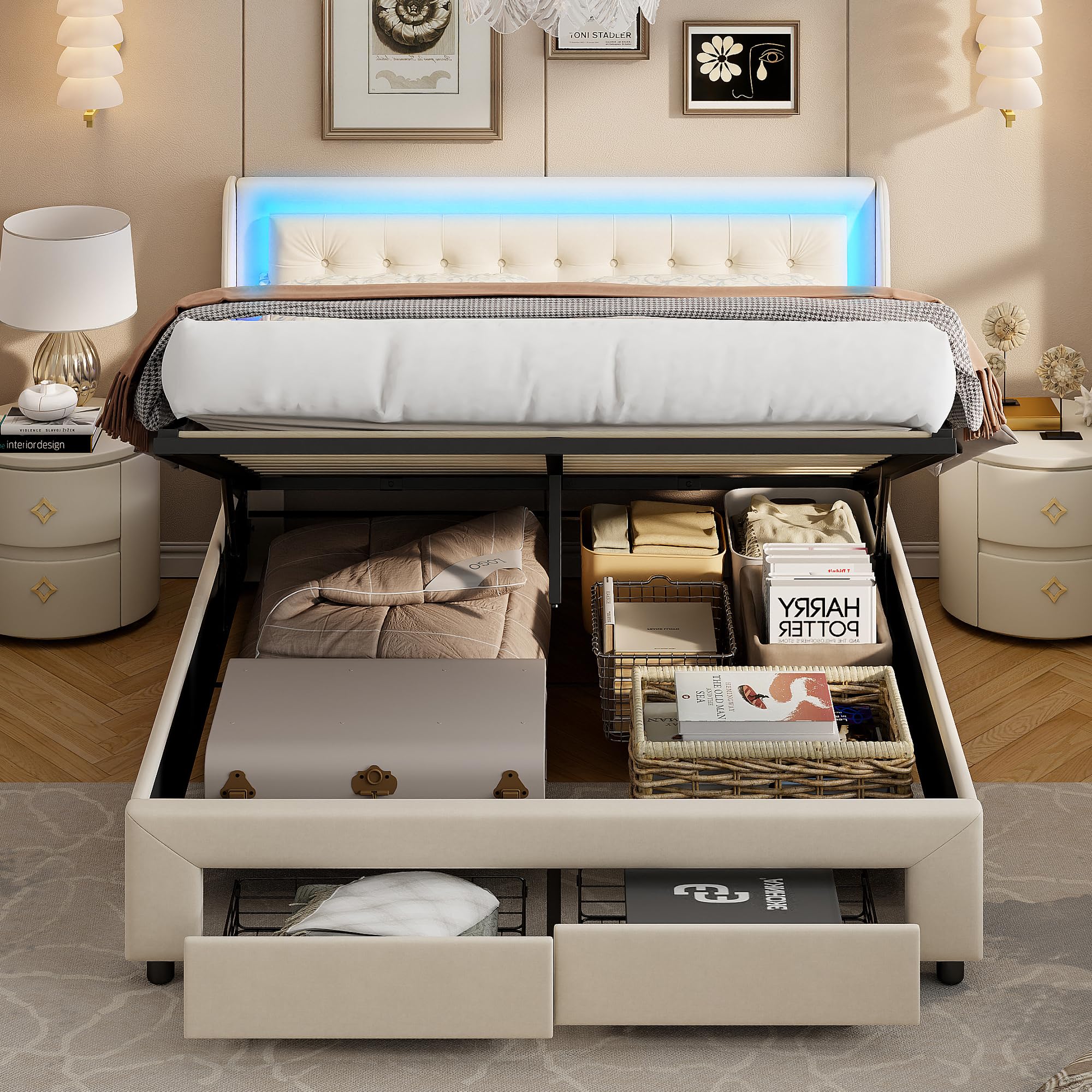 DULRLLY Lit Coffre 180x200 avec Éclairage LED et Rangement, Lit 2 Places avec 2 Tiroirs Rangement, Cadre de Lits avec Sommier à Lattes pour Adults et Ado, Sommier à Lattes, sans Matelas