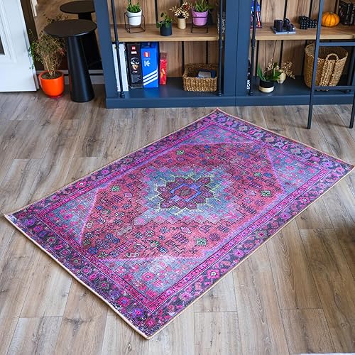 Miniatura 2 de Alfombra persa morada, alfombra de entrada con estampado floral, alfombra decorativa, fácil de limpiar, alfombra de pasillo lavable, alfombra turca