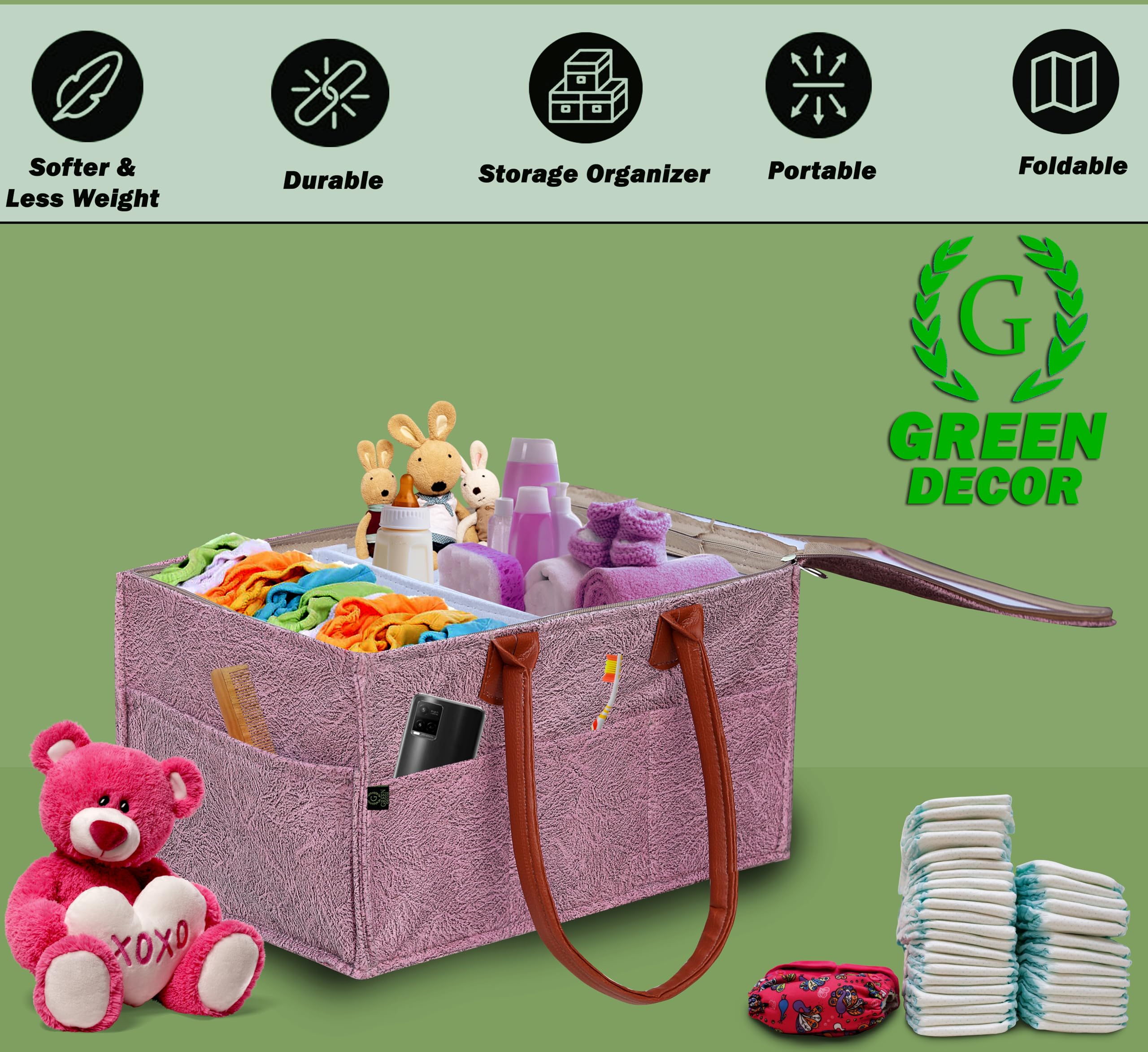 GREEN DECOR - Non Woven Fabric Cute Diaper Caddy Bag with Handles & Zip Lock for Smart Mothers Baby Diaper Caddy Wipes Felt Storage Organizers,Foldable and Portable (Dapple Pink - 15X10X8 Inch) 2