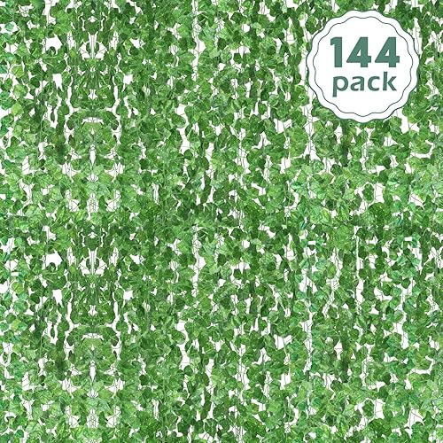 Hoteam Paquete de 144 enredaderas falsas, hojas de hiedra artificial, guirnalda de vides verdes, plantas colgantes para dormitorio, boda, fiesta,