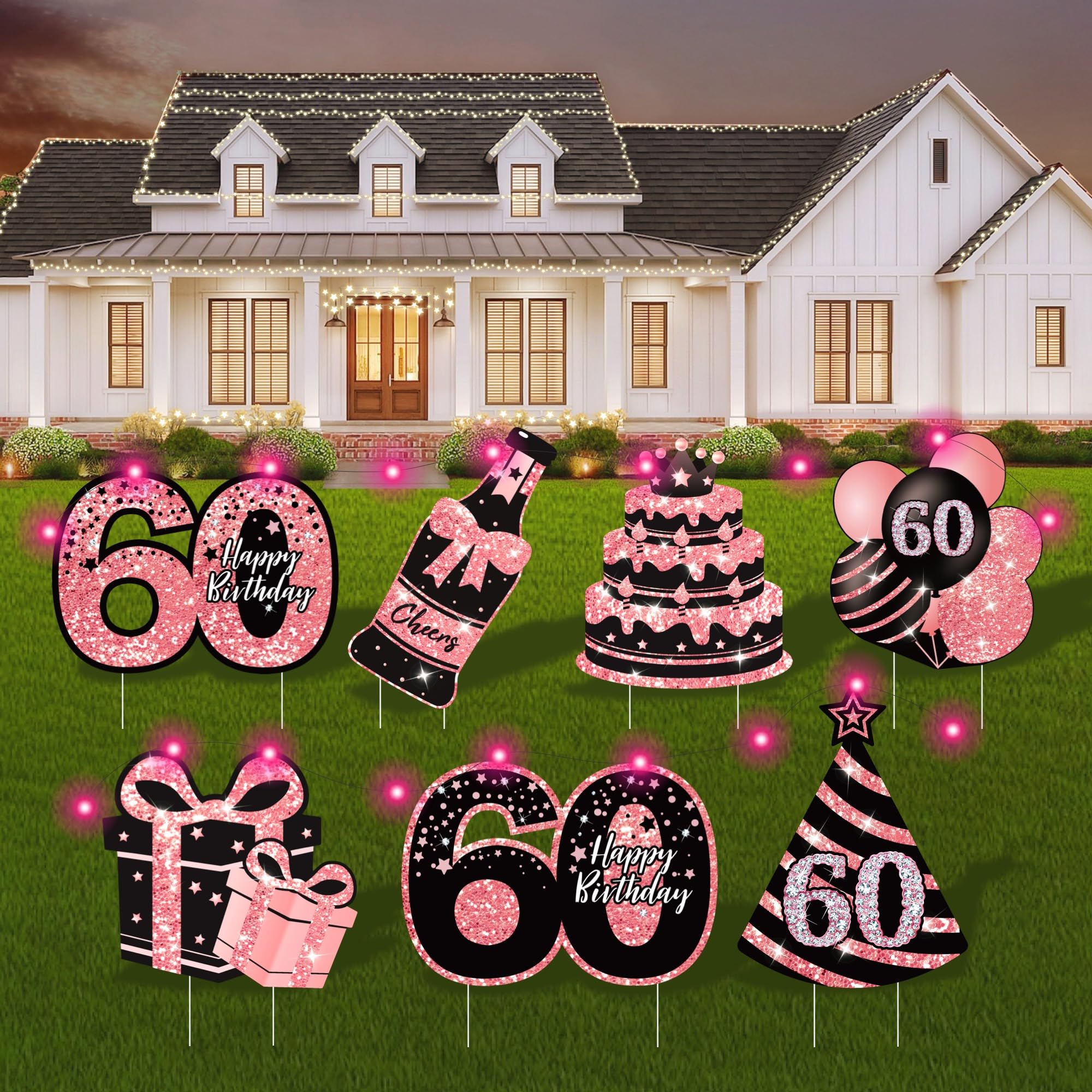 60th Birthday Decorations for Women - 7 Pcs Black &amp; Pink 60th Birthday Yard Signs, 2 Pcs LED Lights, Sparkling at Night, Weatherproof, Perfect Happy Birthday Lawn Decorations for Women
