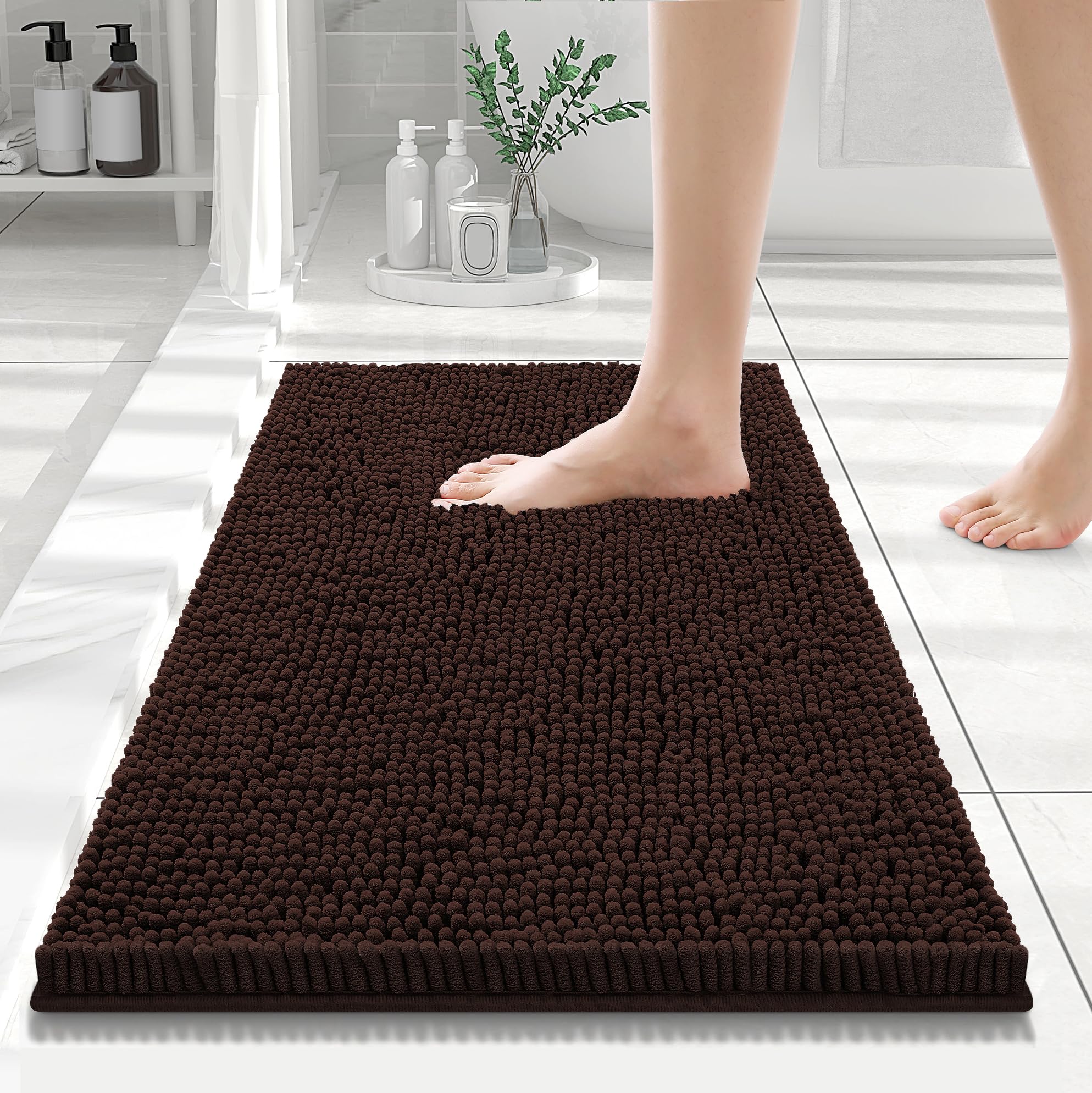 Smiry Luxury Chenille Bathroom Rugs 24x16, Extra Soft and Absorbent Shaggy Bath Mat, Machine Washable, Non-Slip Plush Carpet Runner for Tub, Shower,