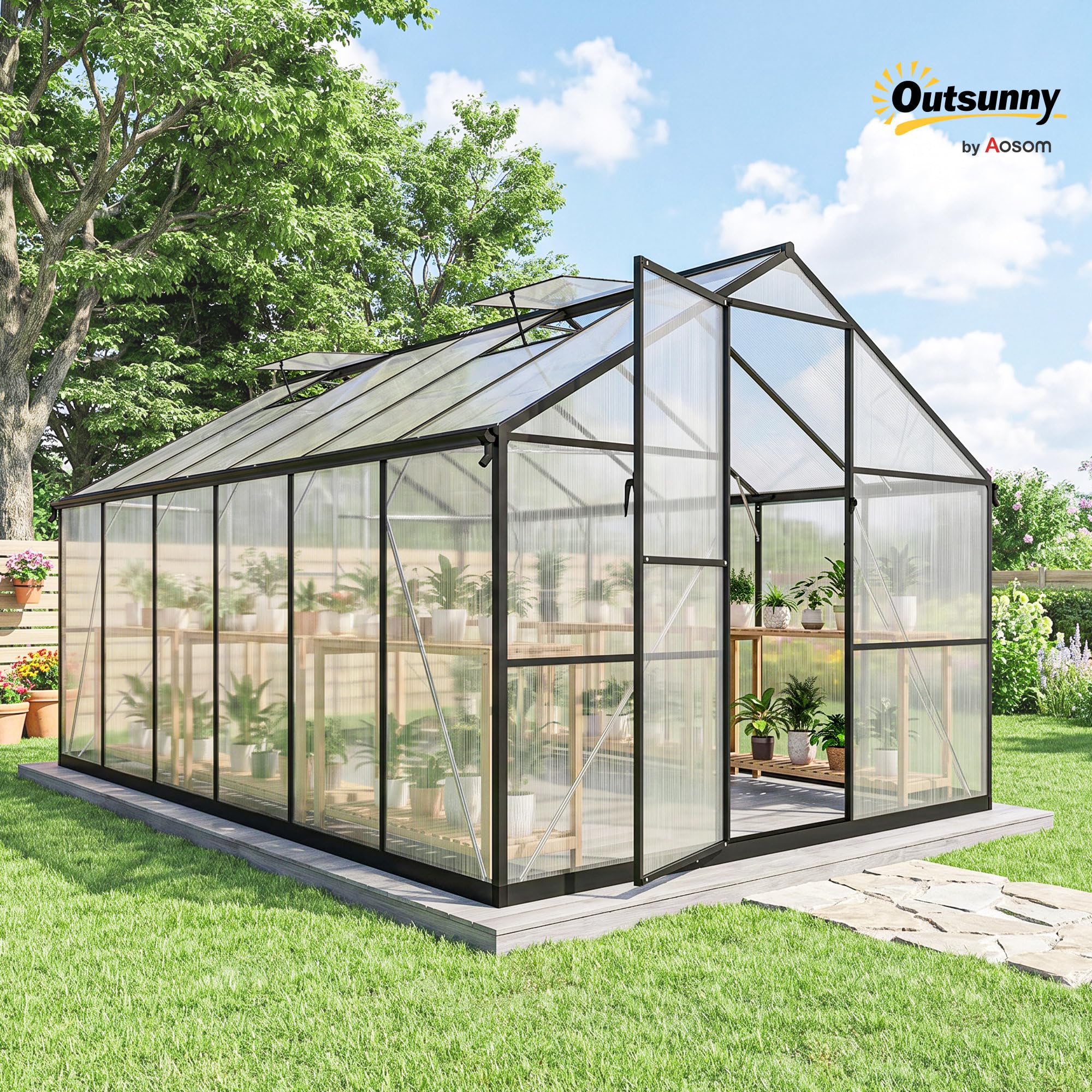 Outsunny Serre de Jardin en Aluminium Polycarbonate 8,97m² 363x247cm Noir