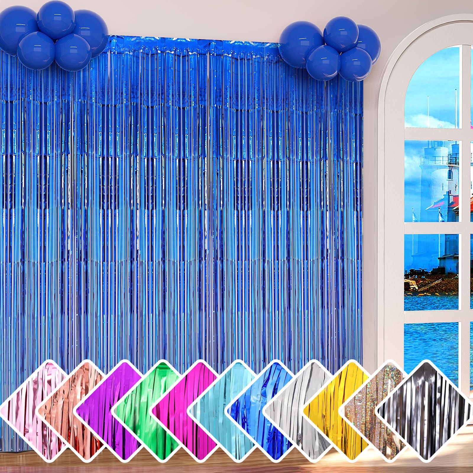 Yishebapa 3 Pack Blue Backdrop Curtains, Foil Fringe Curtains Tinsel Streamers for Birthday Wedding Photo Booth Baby Shower Bachelorette Graduation Christmas Party Decorations