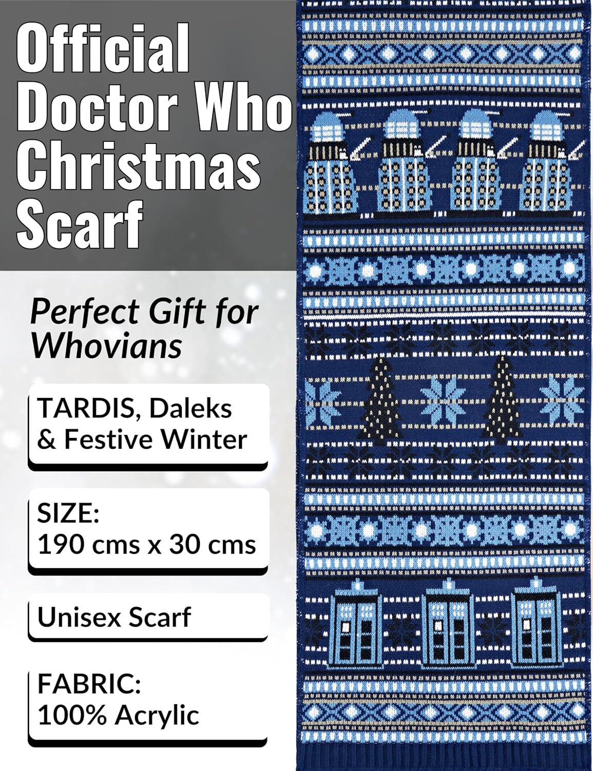 Doctor Who Christmas Scarf - Official Merchandise - TARDIS and Dalek with Chrismtas Trees - Image 2