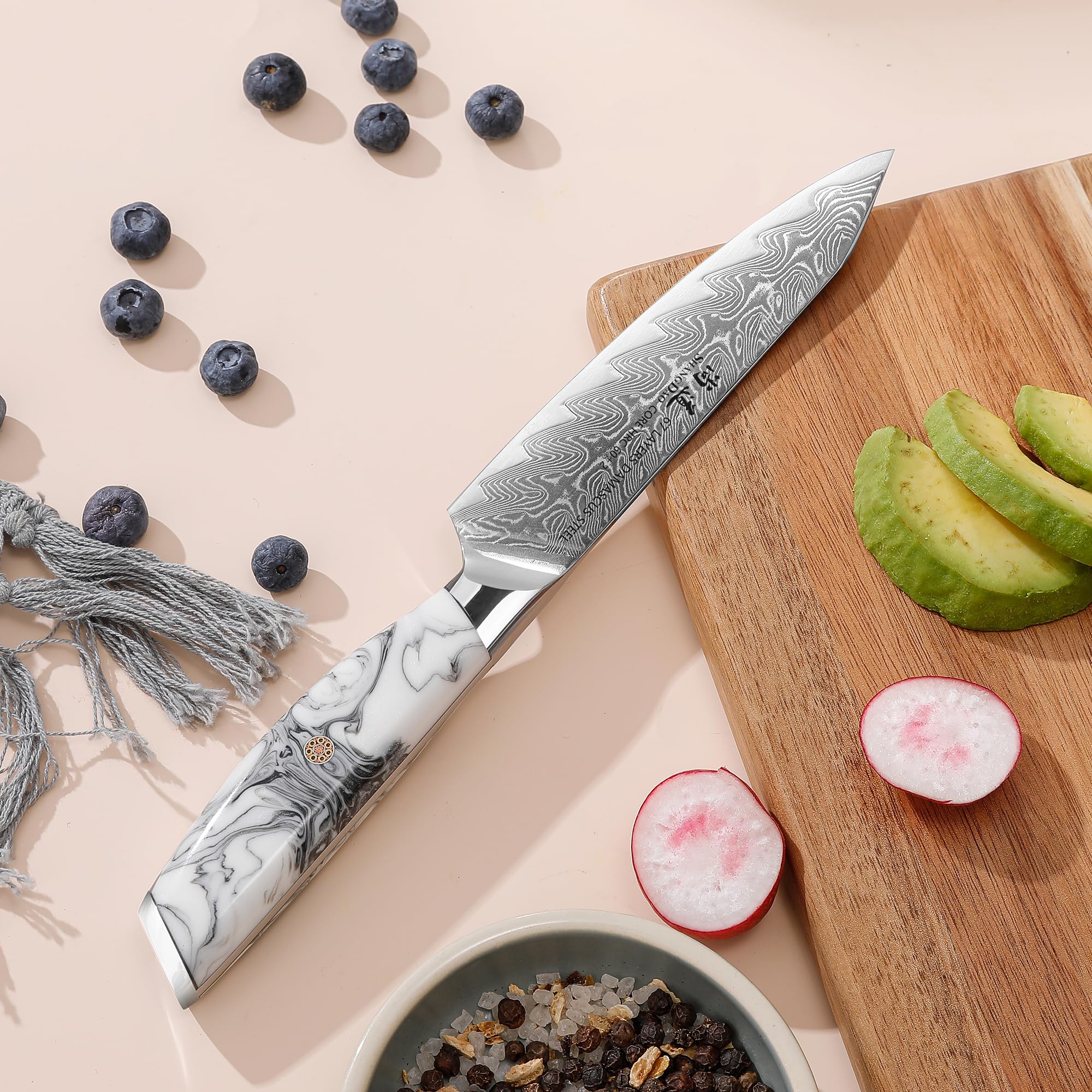 SHANGDAO Couteau de Cuisine 13 cm, Couteaux d'office pour Fruits et légumes tranchants, Acier damas forgé avec Manche en résine