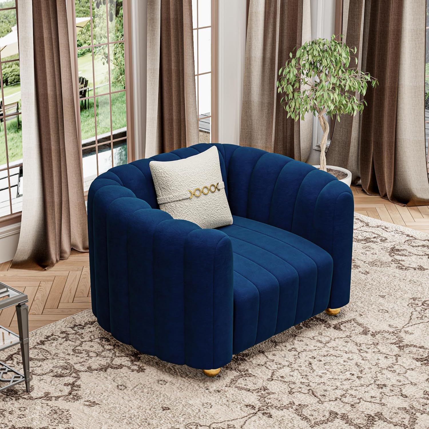 3-Piece Blue Velvet Tufted Sofa Set for Living Room, 3 Piece Modern Design Couch Set with Gold Metal Ball Legs, Lovely Upholstered Sherpa Furniture Set for Office (Blue, 1+1+3 Set)