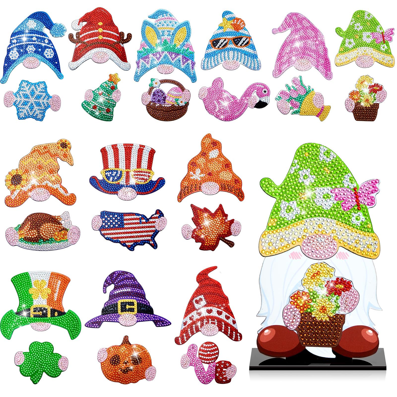 24 Pcs Magnetic Diamond Art Interchangeable Gnome Stand Decor DIY Holiday Seasonal Tiered Tray Decoration with Magnet Pieces Detachable Fall Desk Decorations for Office Home