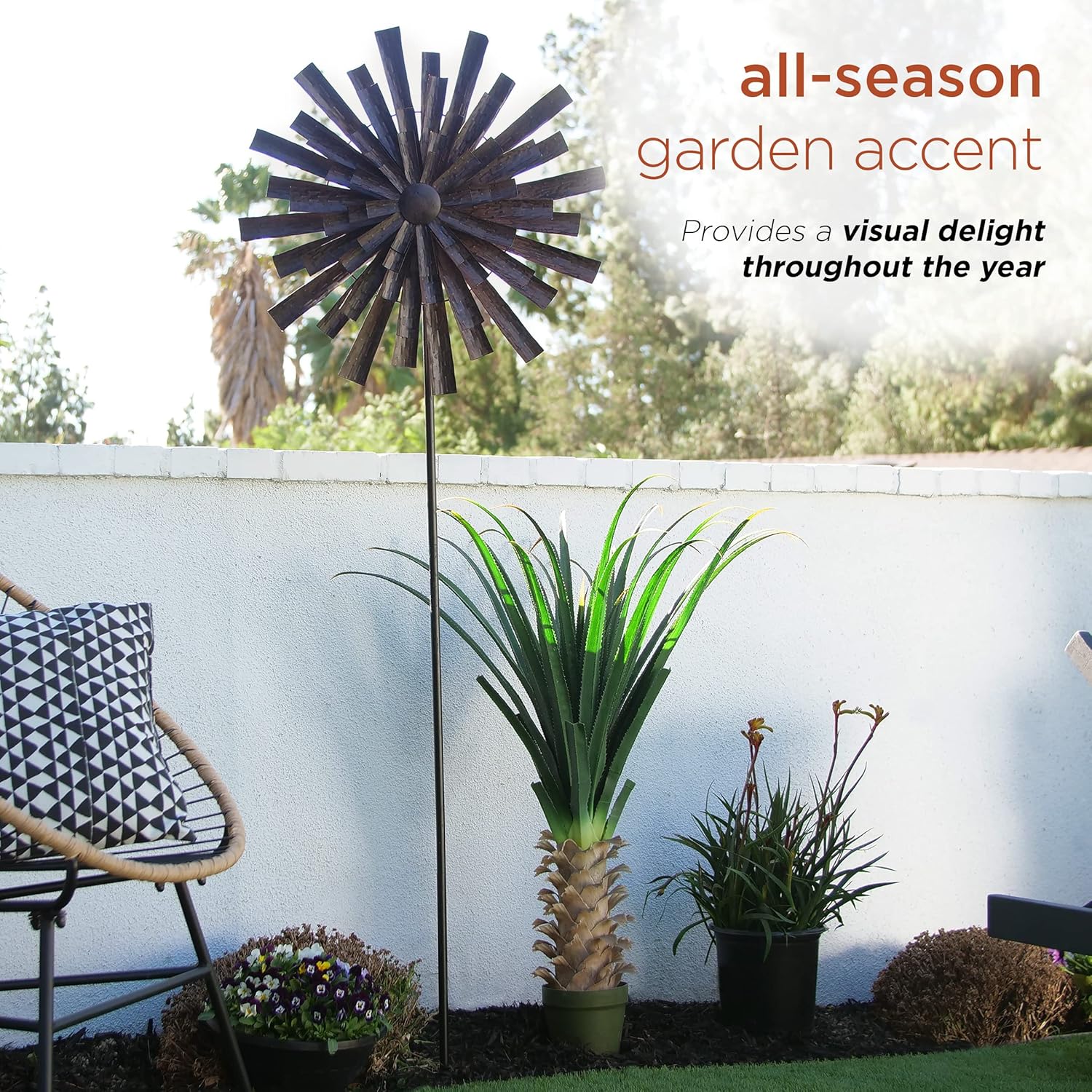 Alpine Corporation 81" Tall Outdoor Kinetic Flower Wind Spinner Stake Yard Decoration, Bronze