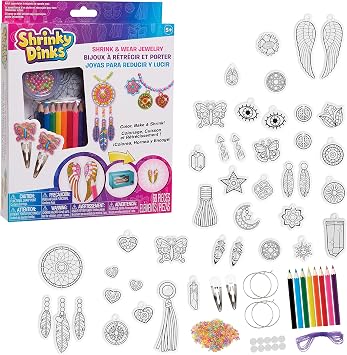 Just Play Shrinky Dinks 68-piece Jewelry Kit, Includes Beads, Barrettes, Elastic String and Earring Hoops, Kids Toys for Ages 5 Up