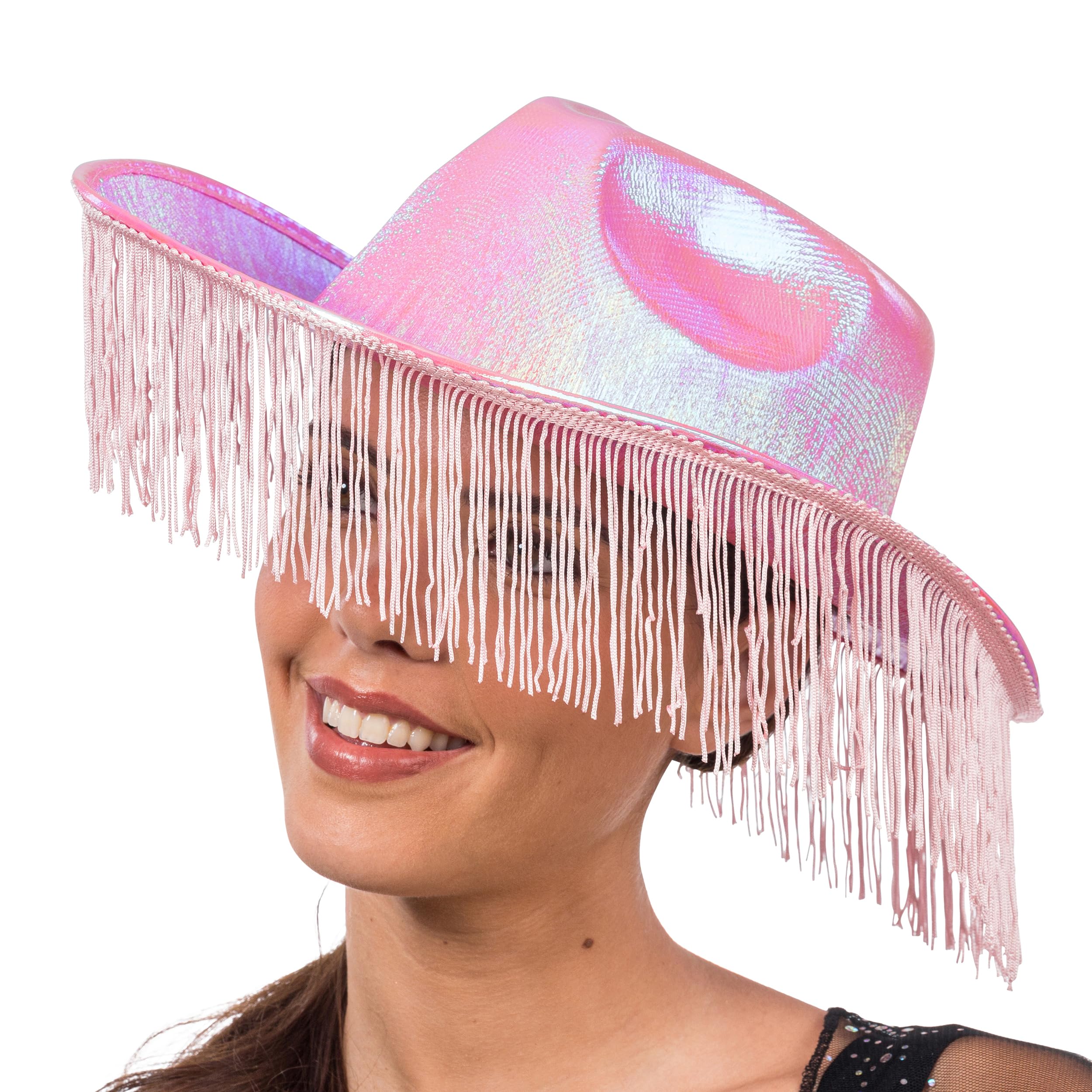 Iridescent Pink Cowboy Hat with Fringes – One-Size Shimmering Western & Festival Hat, Trendy Party & Costume Accessory