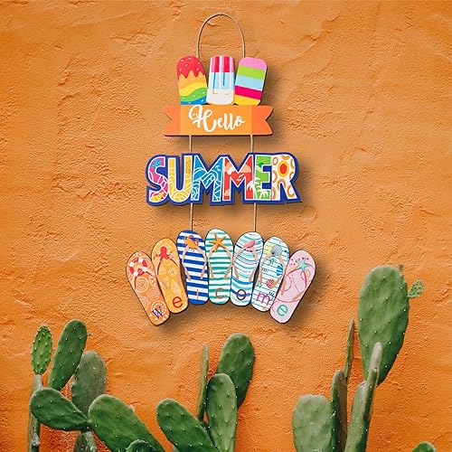 Miniatura 6 de Letrero colgante de 3 piezas con texto en inglés Hello Summer para puerta de playa, letrero de bienvenida de madera, decoración de verano, para el