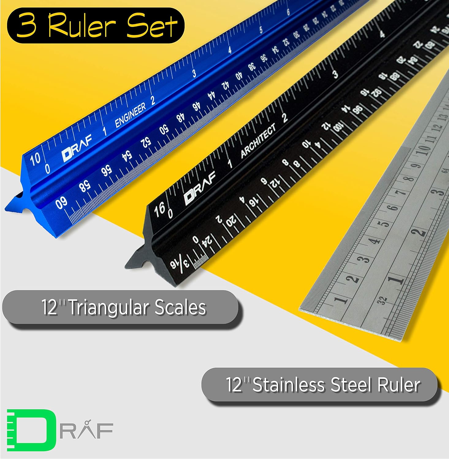 DRAF 12 Inch Architectural and Engineering Imperial Scale Ruler Set - Laser-Etched Aluminum Triangular Drafting Tool - for Architect and Civil Engineer Blueprints - Standard Metal Ruler Included : Office Products