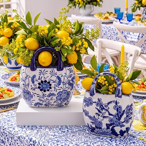 LemonRoad 2 Pcs Ceramic Purse Vase for Flowers Porcelain Blue and White Valentine's Day Arty Gifts Handbag Vases for Table Centerpiece Flowers Pottery Chinoiserie Living Room Kitchen Bedroom