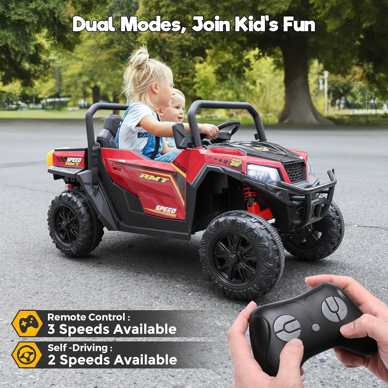 FUNTOK 24V Ride On Car for Big Kids, 2 Seater Electric UTV, Ride-on Dump Truck w/Remote Control, Dump Bed, 4x200W Motor, 4WD/2WD Switchable, Soft Start, 5 MPH, LED Lights, Bluetooth, Music (Red)