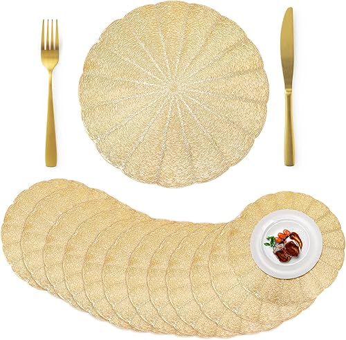 ZOOFOX Paquete de 12 manteles individuales redondos de vinilo prensado, manteles de vinilo huecos de 15 pulgadas, manteles metálicos antideslizantes