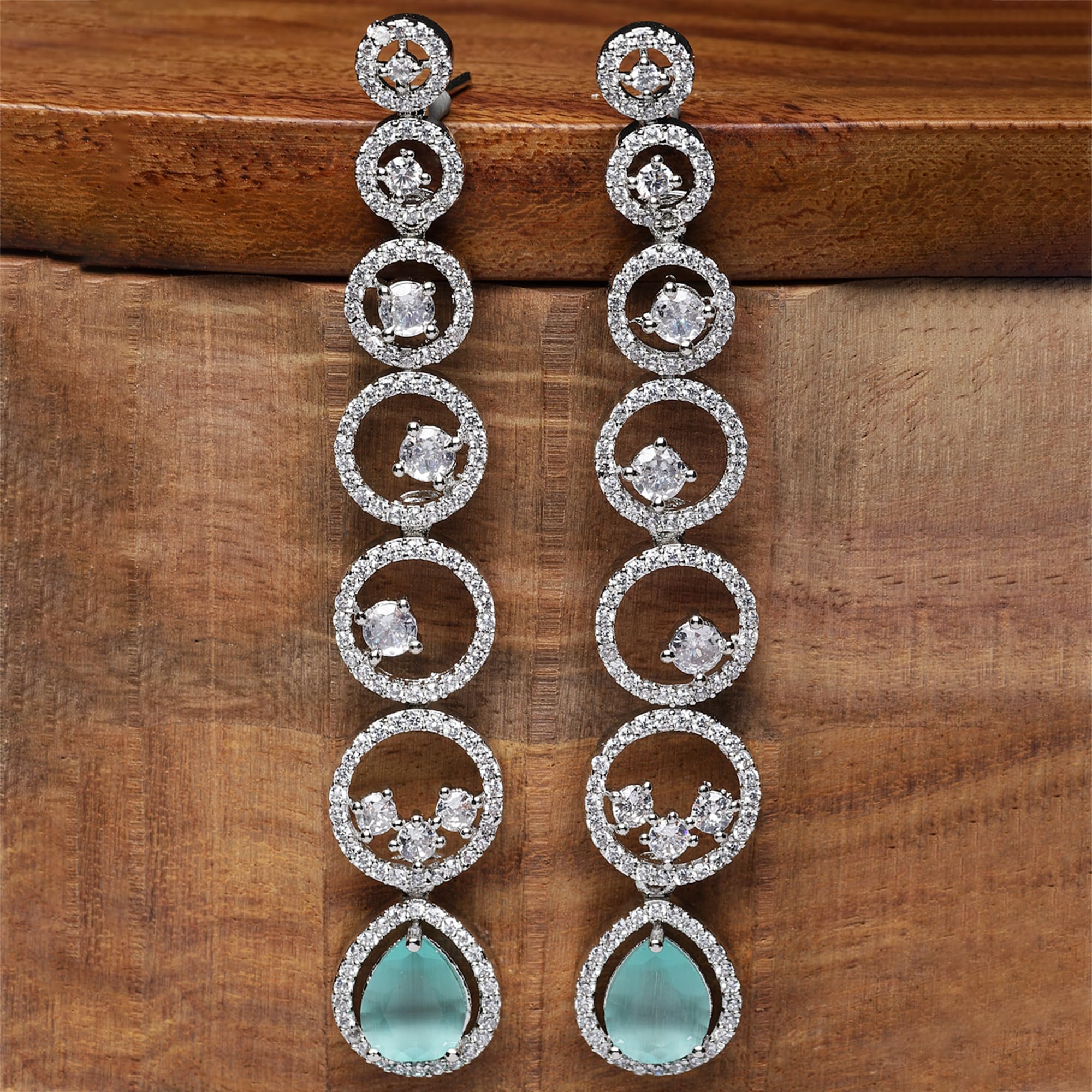 Rhodium-Plated Circular Drop Earrings with American Diamond