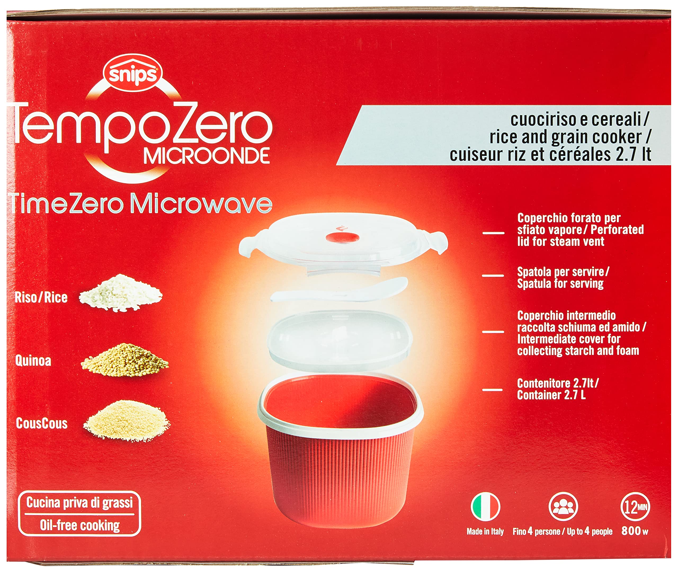 Snips Linea Tempo Zero | Set 5 Pz Contenitori per Microonde per Cuocere | Vaporiera Microonde (2lt + 4lt) | Cuoci riso & Cereali | Cuoci Uova & Omelette | Tazza Mug | Rosso| Made in Italy | Bpa Free