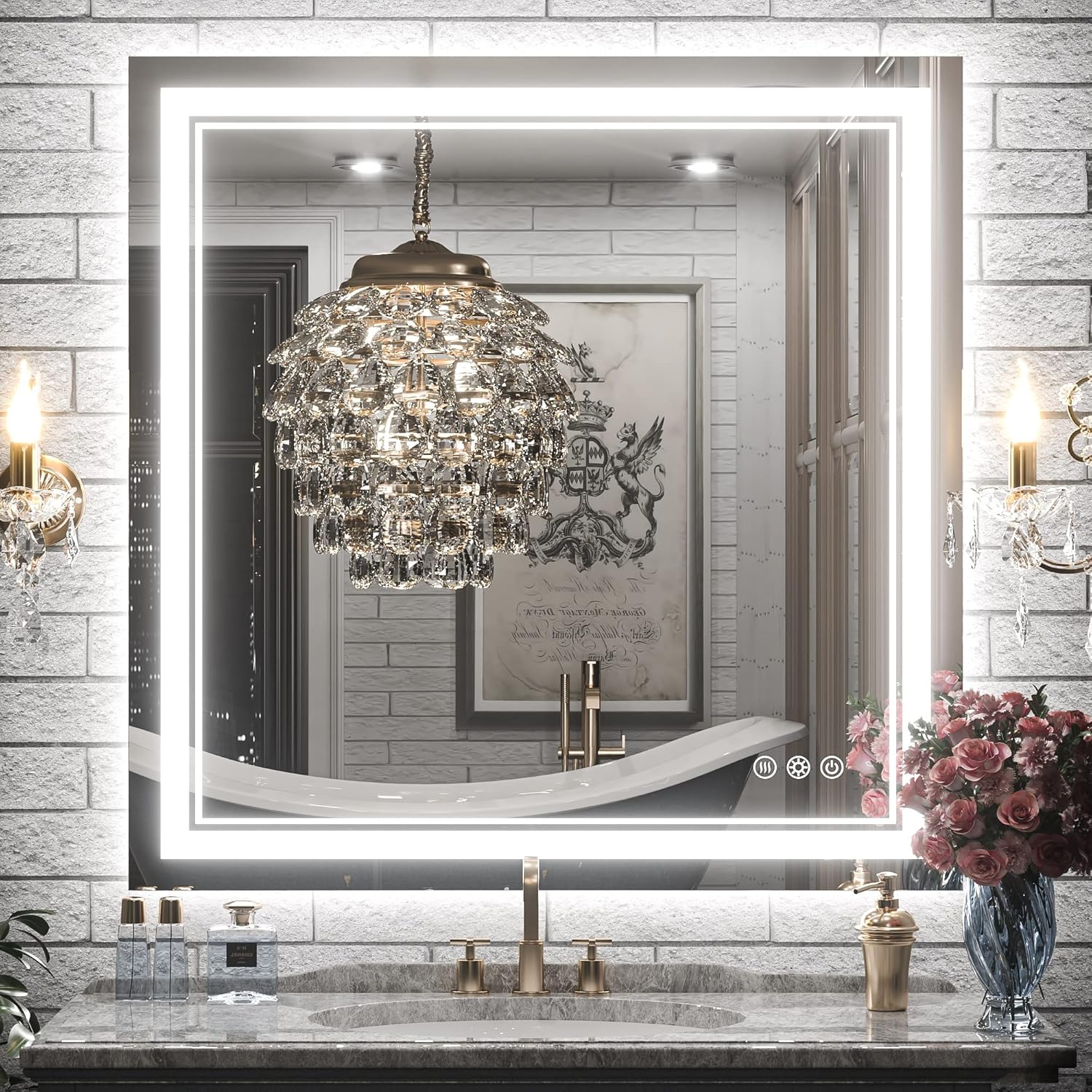 Keonjinn Bathroom LED Mirror 36” x 36” Frontlit and Backlit, Stepless 3