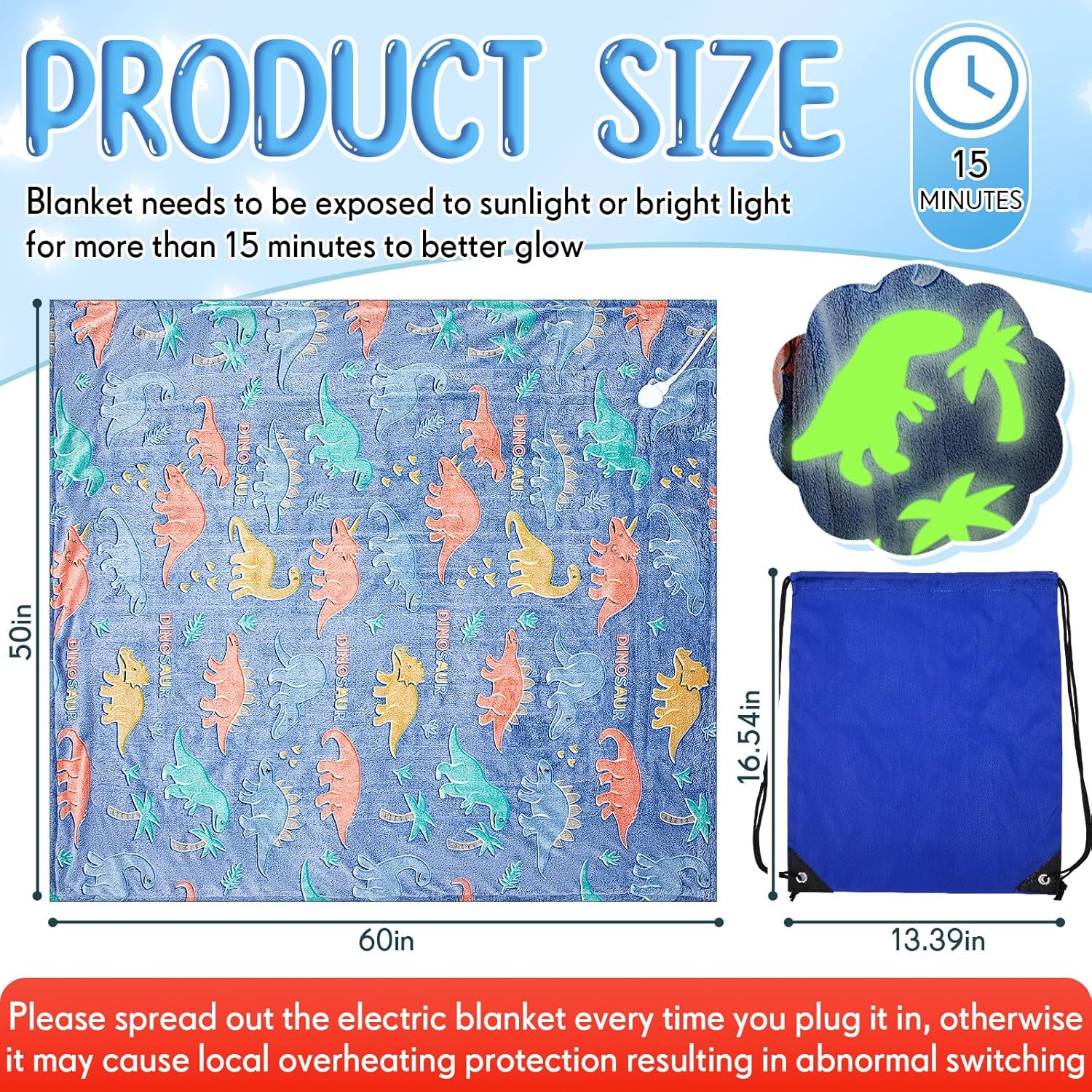 Kids Heated Blanket Dinosaur Electric Glow in the Dark 50"x60" Heating Blanket Girls Boys Children Valentine's Birthday Gifts with 10 Heating Levels & 8 Hours Auto Off Etl Certified