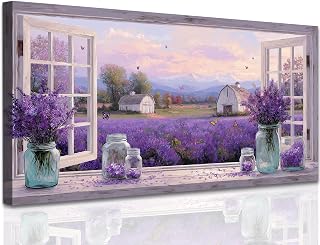 TIMUBA Rustic Farmhouse Floral Canvas Wall Art, Vintage Wildflower Field Painting Artwork, Purple Flower Pictures for Bedroom Wall Decor, Fake Window Country Barn Landscape Poster Home Decor 48x24 In