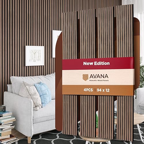 Miniatura 8 de Avana Paneles de pared de madera acústica de 94.4 x 12.6 pulgadas, 4 paneles acústicos de roble negro, 4 unidades, paneles de pared para decoración
