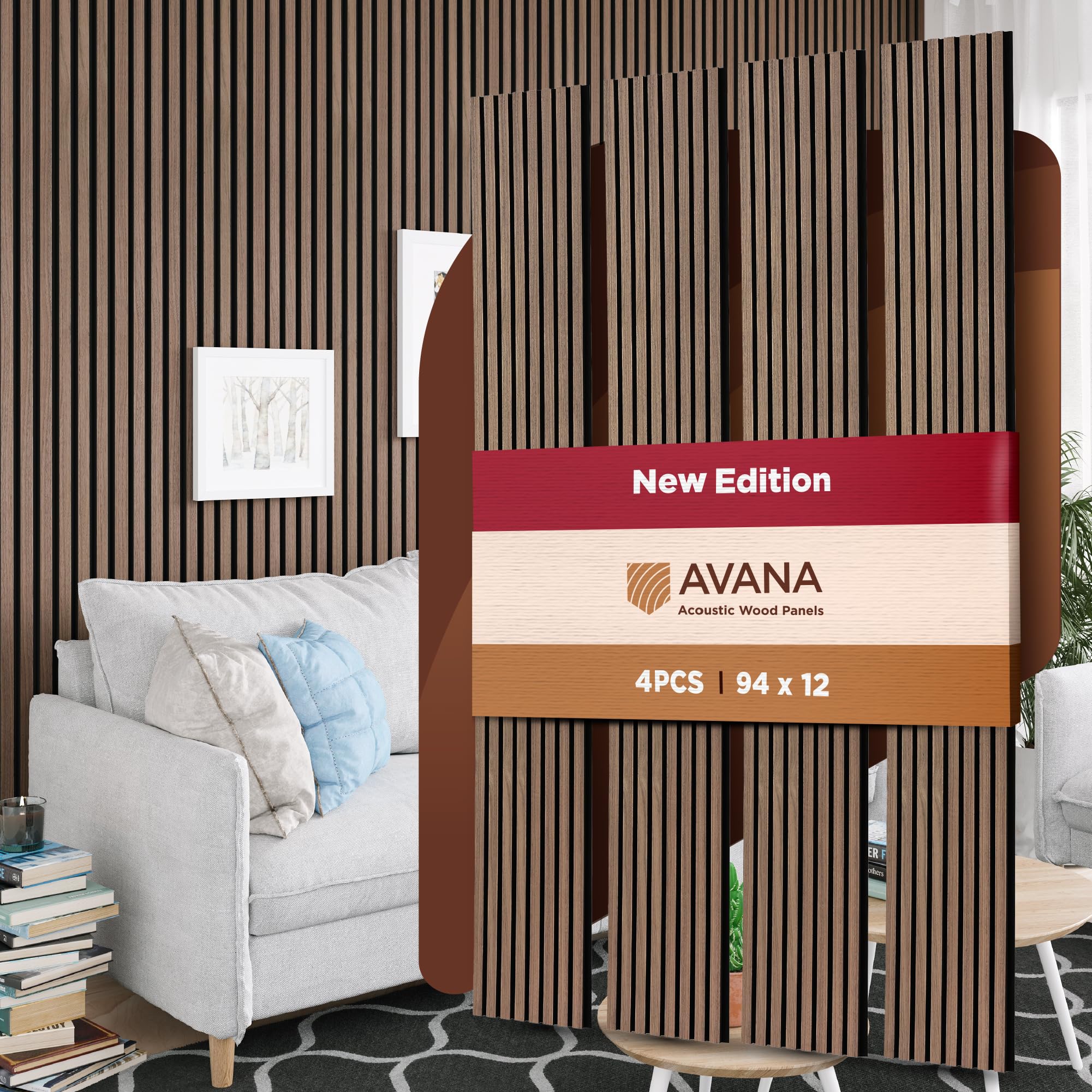 Avana Acoustic Wood Wall Panels – 94.4 X 12.6 Inch Walnut Acoustic Panels 4 PCs – Wall Panels For Interior Wall Decor For Homes, Offices, Studios – Sturdy And Durable Wood Panels For Wall