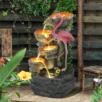 Grepatio Outdoor Water Fountain, 5 Tier Garden Waterfalls with 5 LED Lights, Modern Indoor/Outdoor Floor Standing Water Fountain with Pump for Garden, Patio, House Decor