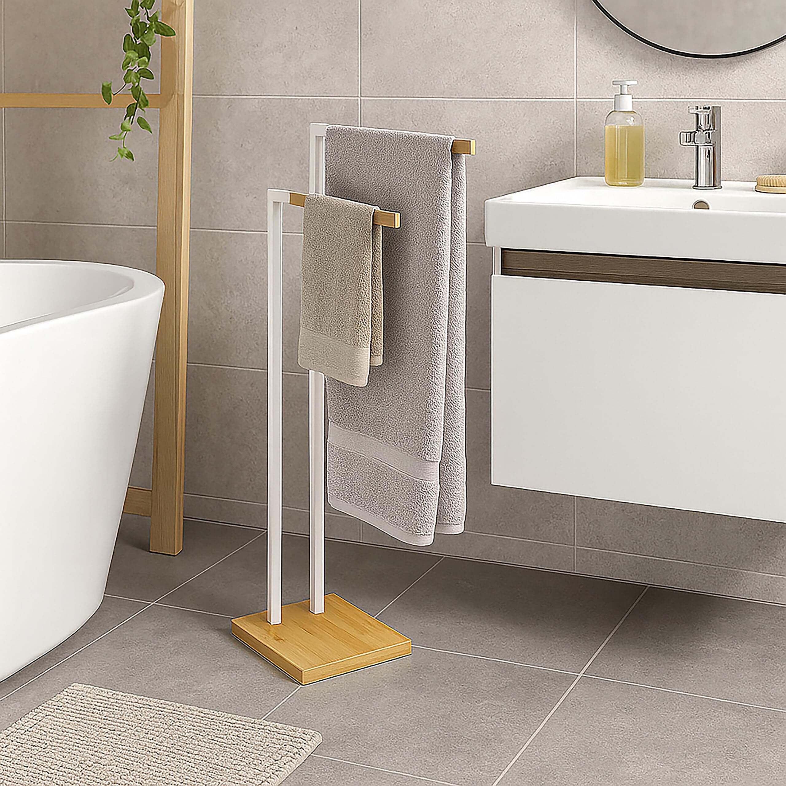 Portasciugamani Relaxdays da Terra, con 2 Barre, per Asciugamani e Teli, Metallo e bambù, Bianco/Naturale