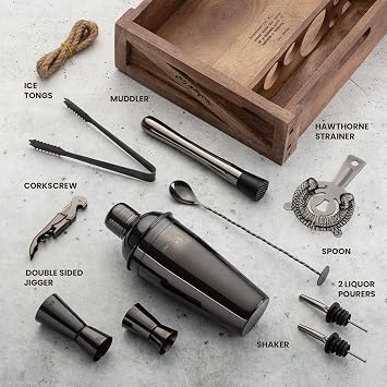Gun-Metal Black 11-Piece Cocktail Shaker Set - Mixology & Craft Cocktail Maker w/ Rustic Wooden Stand - Bartender Kit and Mixer Gift Set