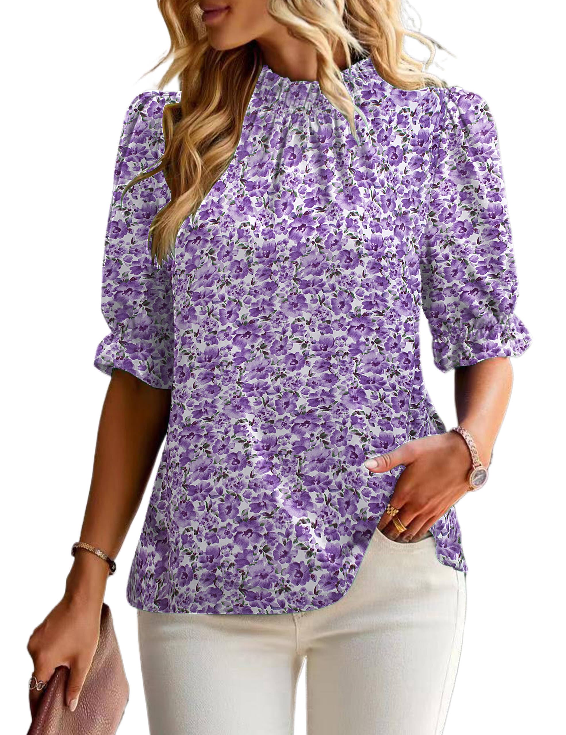 ZILIN Women's Summer Boho Floral Shirt Top Ruffle Mock Neck Puff Short Sleeve 2024 Casual Blouses