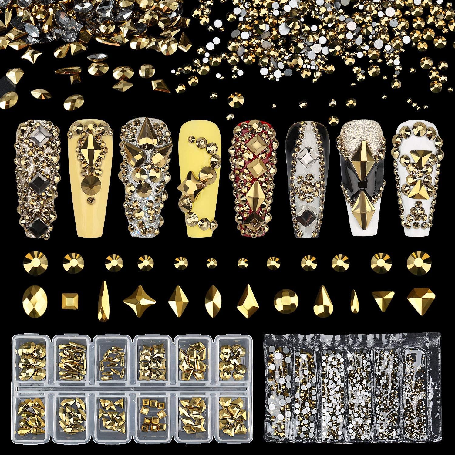 AB Crystal Rhinestones Set, Rhinestones Nail Art Gems 9K Clear Class Multi-Shape Flat Back AB Shiny Nail Jewels for Nail DIY Crafts Makeup Phones Clothes Shoes Jewelry Bags 1840pcs Gold
