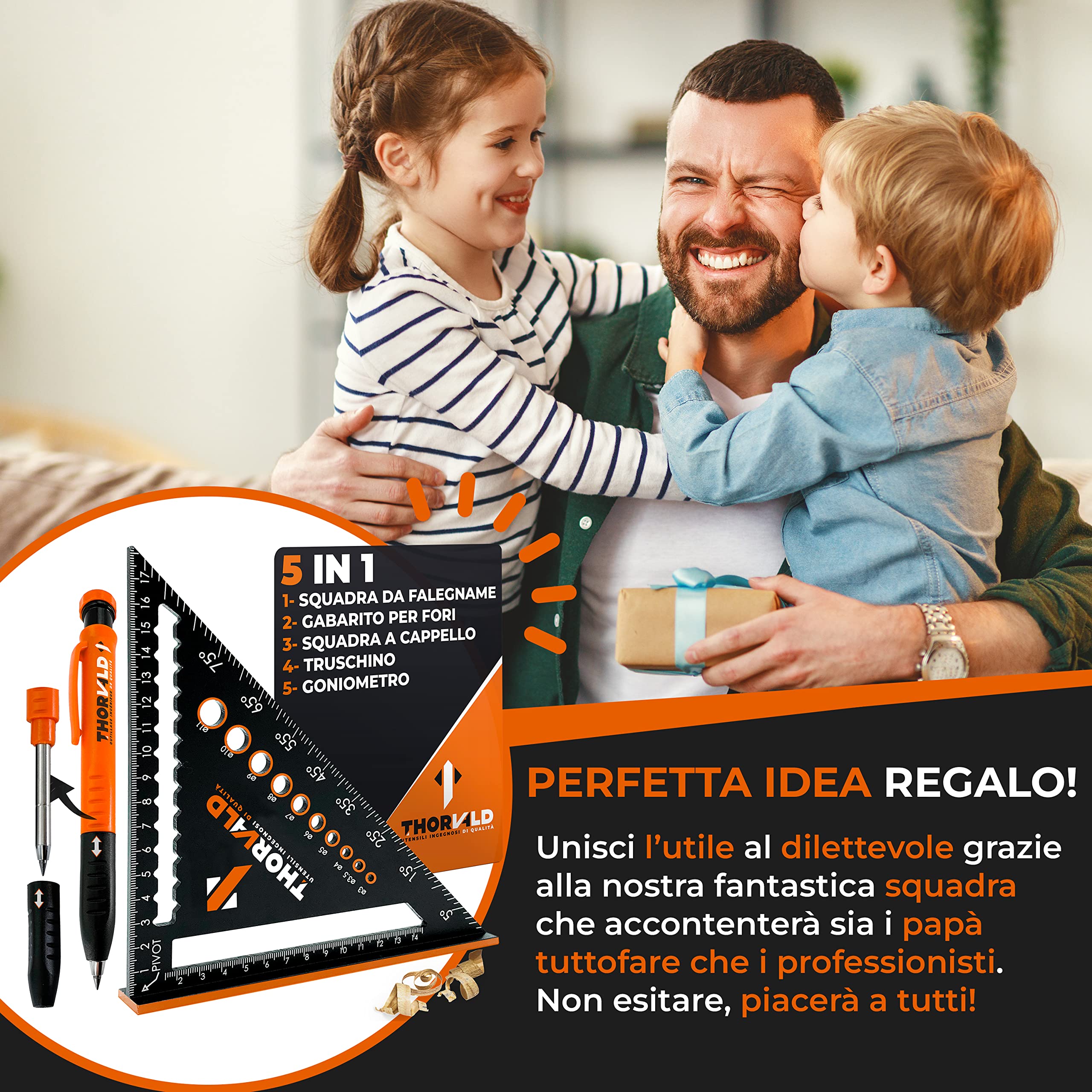 THORVALD Squadra da Falegname Multifunzione 180 mm Goniometro Angoli 45-90° Righello Trusquino