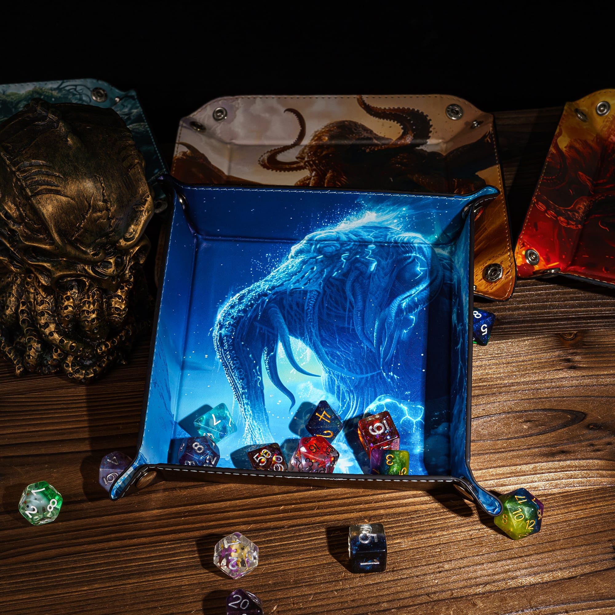 Cusdie PU Leather Dice Tray Square Tray for Dice Rolling and Storing Small Items - Cthulhu Design, Blue Cthulhu - Image 3