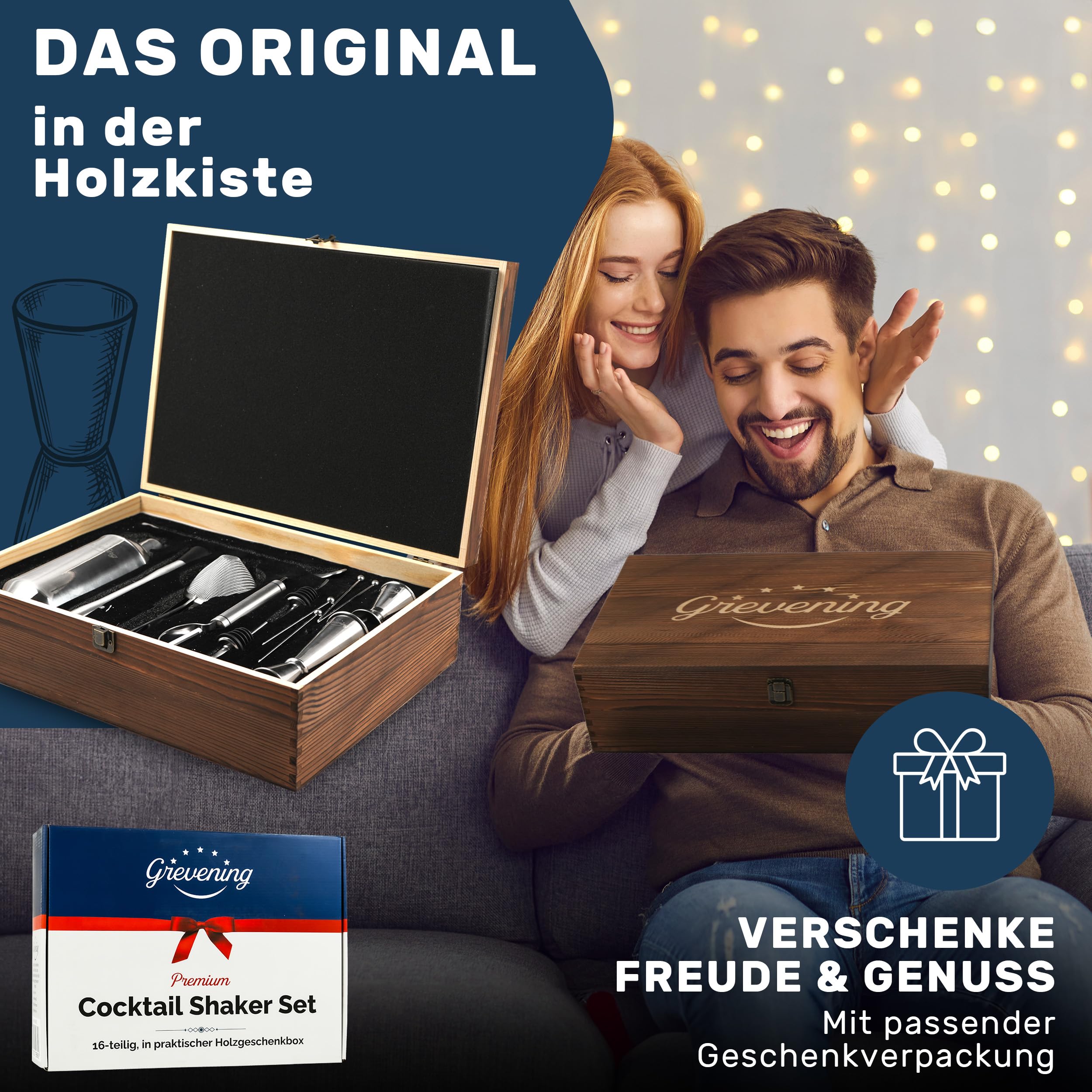 Shaker à cocktail 16 pièces dans une boîte en bois pratique et élégante, superbe emballage cadeau avec livre de recettes pour débutants et professionnels, acier inoxydable 304 de qualité