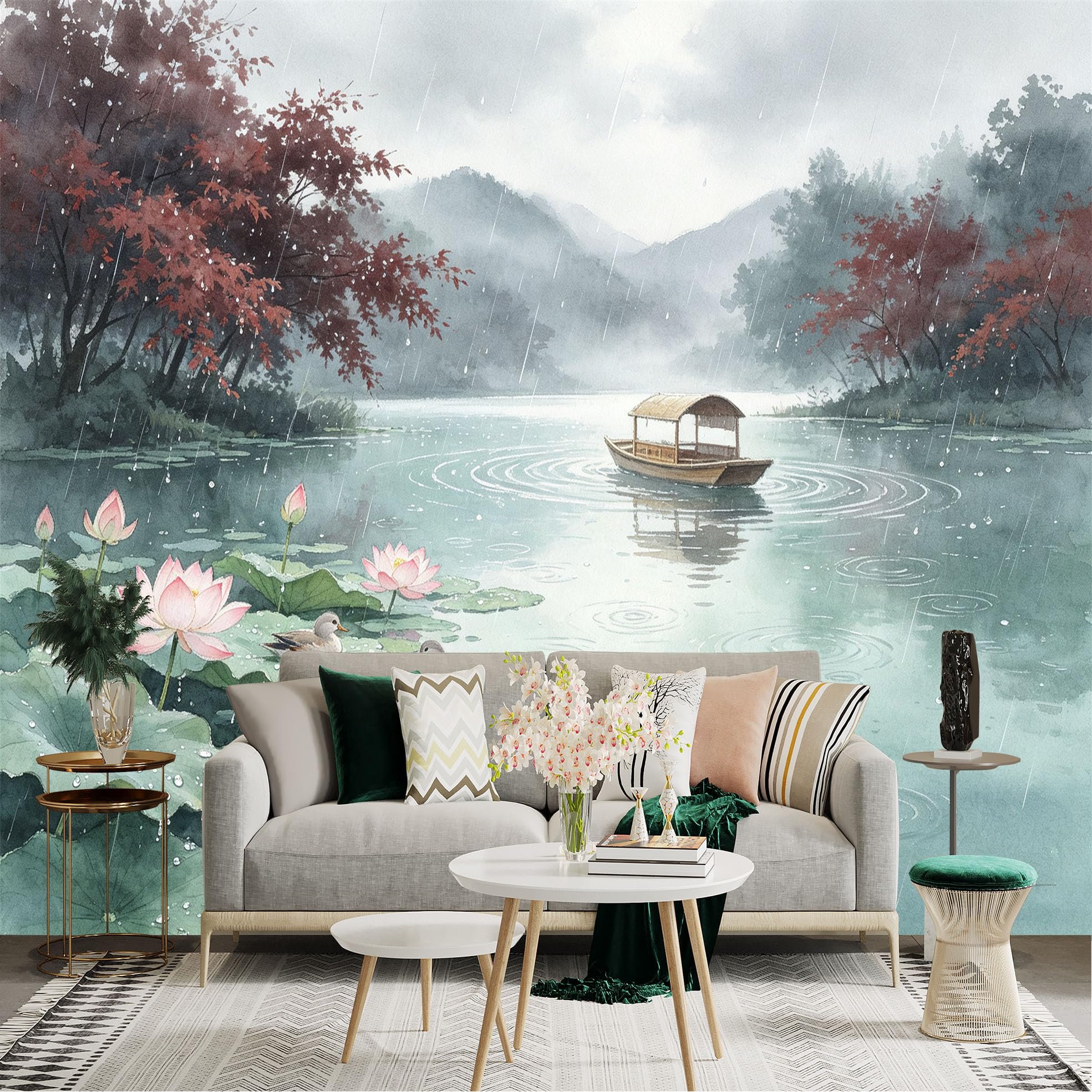 Custom Size Wall Sticker Mural， Rainy Lake Scene with Lotus Flowers， Rowing Boat and Wild Ducks， for wall Decoration， peelandstick wall Decals.