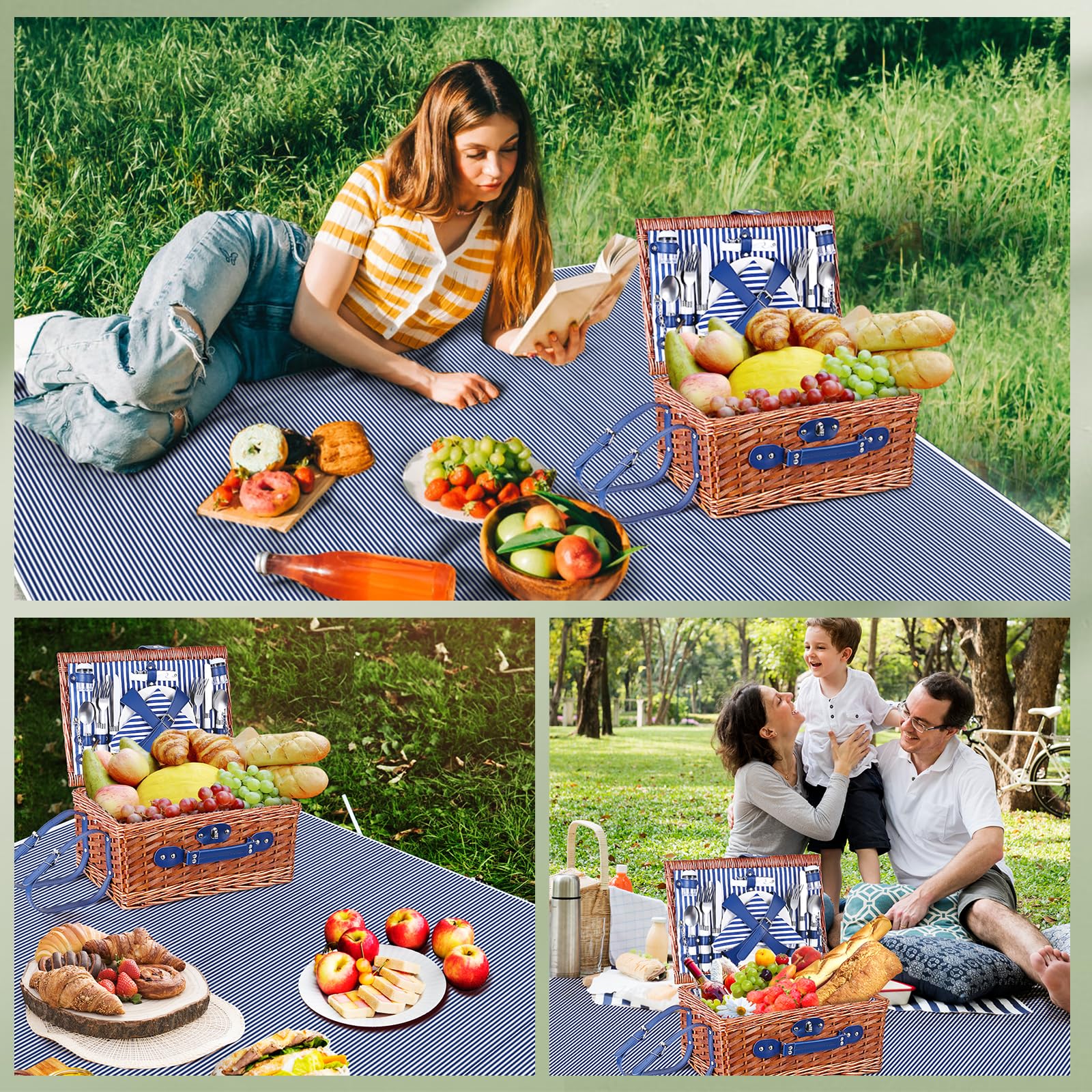 Cestino Picnic,Cesto Picnic Vimini Coperta Impermeabile e Set di Posate, Set Pic Nic 4 Persone per Campeggio, Cestino Pic Nic Vimini Blu perCampeggio, Attività all'aperto, Feste, Spiaggia(blu)