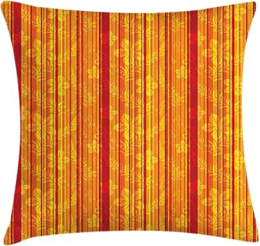 Ambesonne Orange Throw Pillow Cushion Cover, Vertically Stripes Pattern with Flowers Swirled Leaves and Dots Design, Decorative Square Accent Pillow Case, 20" X 20", Orange and Yellow
