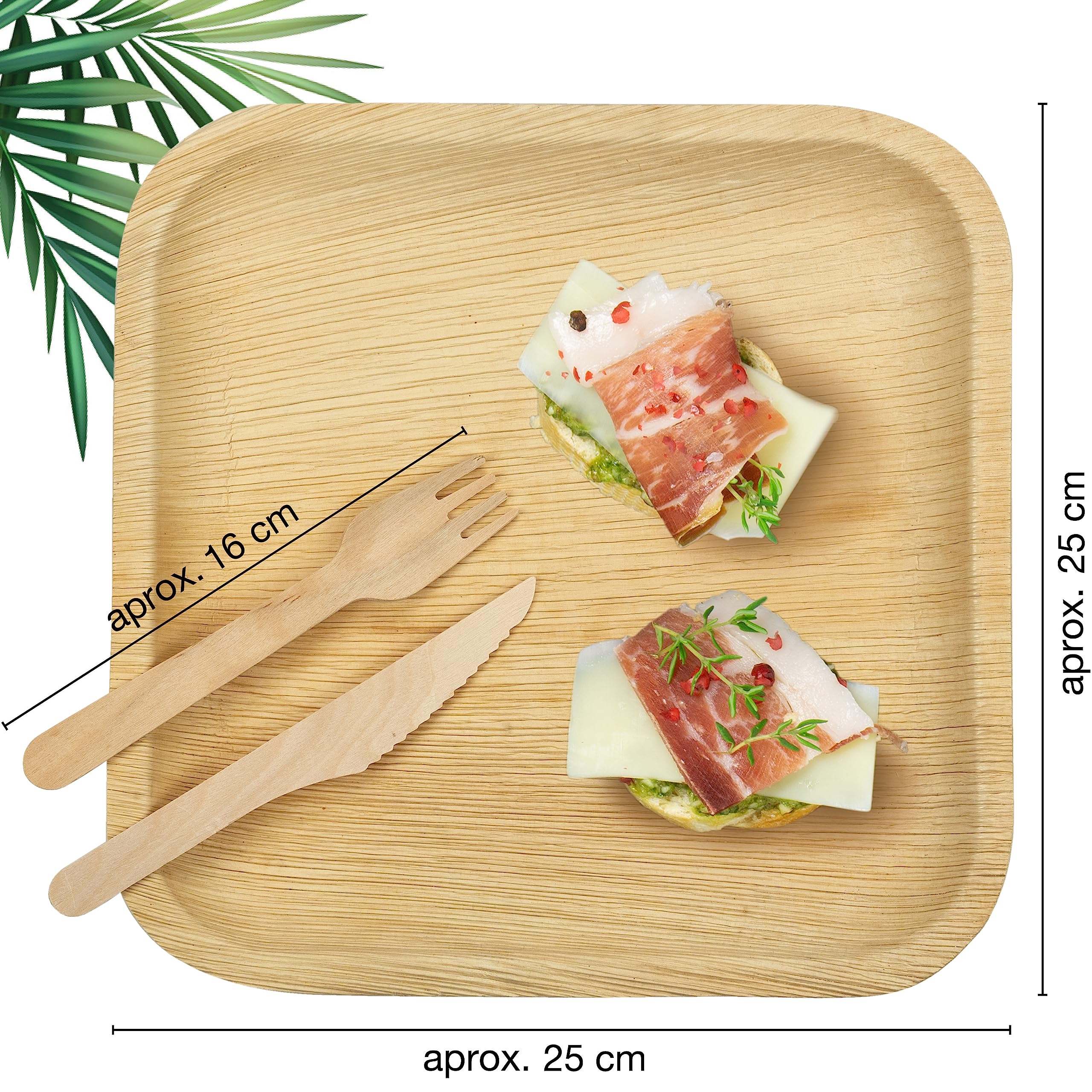 Moritz & Moritz Juego de 75 platos desechables de hoja de palma de 25 x 25 cm con cubiertos de madera, alternativa a los platos de bambú y papel