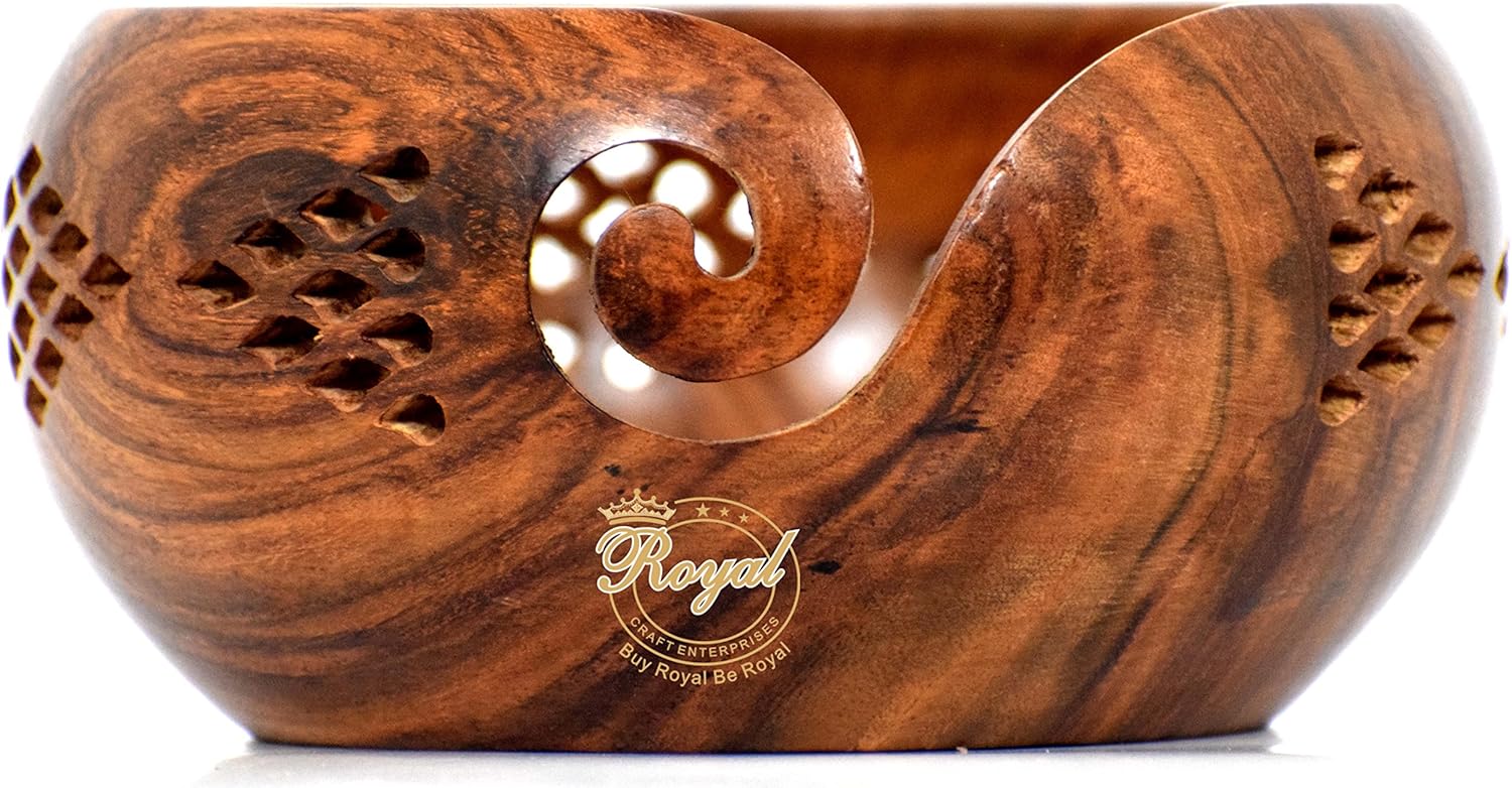 osewood crafted wooden yarn storage bowl knitting crochet accessories With Carved Holes & Drills Royal Craft Enterprises (6 X 6 X 3 inch)