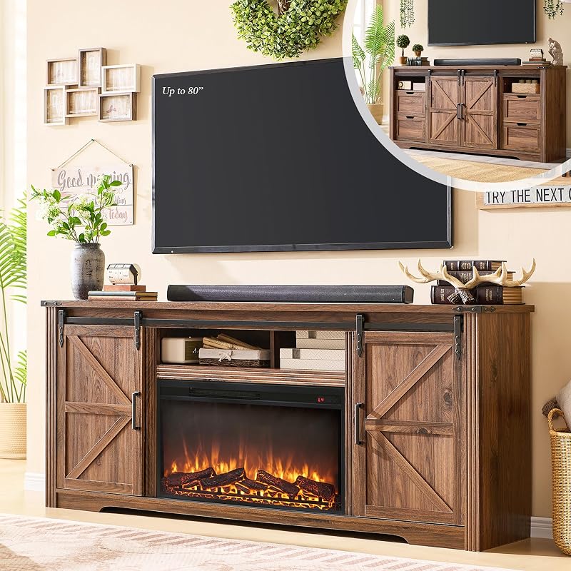 70“Fireplace TV Stand, Entertainment Center w/Drawer & Sliding Barn Door